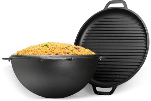 12L Gusseisen Schwenktopf Kazan Asia Kasan mit Deckel-Grillpfanne aus Gusseisen Grillwok Wokpfanne Grill Cast Iron Campingtopf Kessel Wok Traditioneller