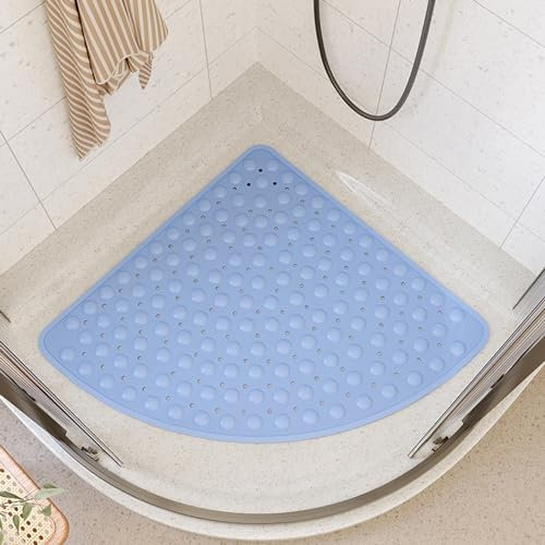 ForceRoute Viertelkreis Duschmatte,Weiches PVC Gebogen Dreieckig Duschmatte,Eckduschmatte,Leicht Reinigen,Anti Rutsch,Abfluss,Mit SaugnäPfen,Weicher Textur,FüR Dusche Dreieckiges Badezimmer,Badewanne