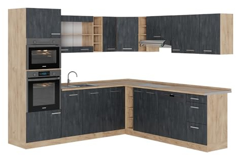 Vicco Einbauküche in L-Form R-Line, Schwarz Beton/Goldkraft Eiche, 247 x 46 cm ohne Arbeitsplatte, zum individuellen Aufbau und zur Erweiterung mit Zusatzmodulen