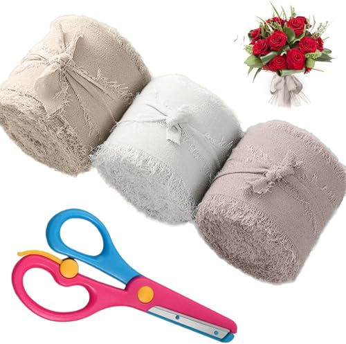 SacJkt Chiffonband, Schleifenband, Geschenkband Breit, 3 Rollen Geschenkband Set Mit Kleiner Bastelschere, Seidenband für Hochzeitseinladungen und Brautsträuße (Beige Serie)