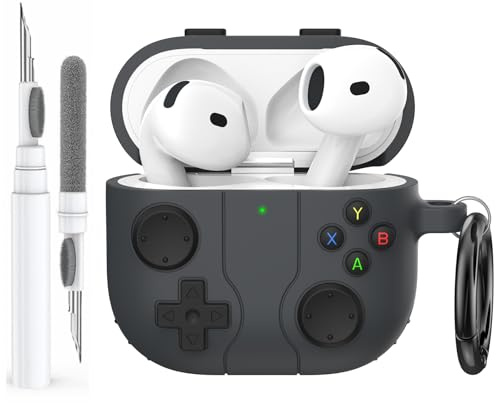 AhaStyle Hülle für AirPods 4 (2024) Mit Reinigungsstift | Retro-Spielkonsole Design, Kabelloses Laden, Mit Karabiner, Premium-Silikon, Rundumschutz, Stoßfest, AirPods 4. Gen Zubehör