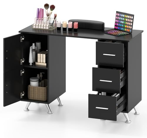 RELAX4LIFE Table de Manucure avec Rangement, Bureau Manucure avec 3 Tiroirs, 2 Armoires, Table Onglerie avec Coussin de Poignet Amovible, Grande Capacité, Plateau 108X45 CM pour Salon de Beauté(Noir)