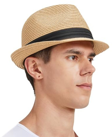 Zylioo XL/XXL Trilby Fedora Strohhut für Großen Kopf,Stroh Sonnenhut Herren mit Roll UP Krempe,UV-Schutz Sommerhut Strandhut
