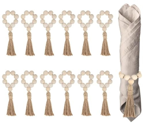 YEHEI 12 Stück Aus Natürlichen Holzperlen mit Quasten, Serviettenhalter für Weihnachten, Bauernhaus, Hochzeit, Heimtischdekoration