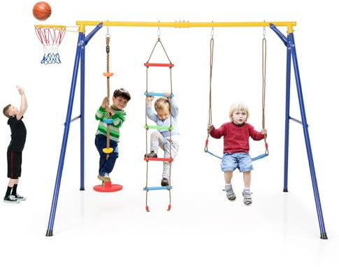 4 in 1 Kids Swing Set, 300 KG Heavy Duty A-Frame Metal Swing Stand with Climbing Ladder, Basketball Hoop and Dis Rope, Toddler Playground Backyard Equipment Outdoor for 3-9 Years Old