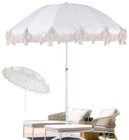 IMUNKT Parasol De Terrasse À Franges 16 Baleines 220cm - Parasol De Jardin pour Plage, Elégant Vintage Parasol Extérieur - Blanc, Inclinable