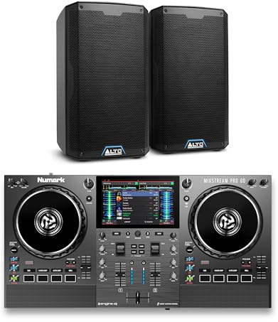 Numark Mixstream Pro Go DJ Controller and ALTO TS408 Powered PA Speakers Pair for Live Music, DJ sets, Events, Music production