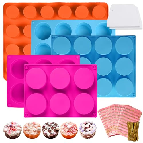 Cake Puck Mold Set,3 Different Sizes Chocolate Covered Silicone Molds,24-Cavity Round Cake Pop Molds for DIY Cake Cores, Chocolate Desserts,Cakepucks（with 2 Scraper 100 Packaging Bags）