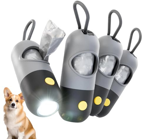 Jonuin 4 Stücke LED Hundekotbeutelspender, Kotbeutelspender mit Taschenlampe, Karabinerhaken & Kotbeuteln, Kompakter Kotbeutelspender für Hunde, Ideal für Spaziergänge (Schwarz)