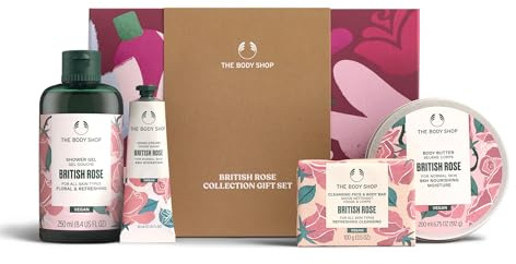 The Body Shop British Rose Collection Christmas Gift Set (Shower Gel 250ml + Body Butter 200ml + Soap 100g + Hand Cream 30ml), Floral Collection with Rose Extract, Elegant Body Care, Vegan