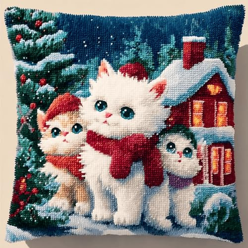 XDEGHUANGSS Kit de coussin latch hook 43x43 cm,Tapisserie point noué DIY avec motif pré-imprimé,kit de broderie fait main pour débutants et adultes,décoration intérieure(Chat de Noël)