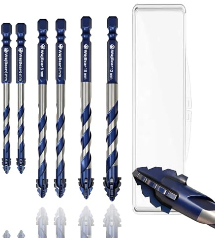 WojBear 6 PCS Masonry Drill Bits Set, YG6X Tungsten Carbide Drill Bit for Masonry, Concrete, Marble, Brick, Tile, Wood, Glass, Plastic（6,6,8,8,10,12mm）