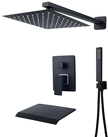 Black Rain Mixer Shower Combo Set Wall Mounted 3 Way Shower System with Rainfall Shower Head, Handheld Shower and Waterfall Faucet