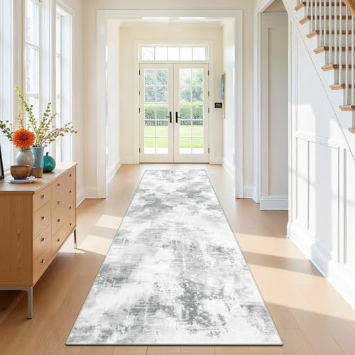 SHACOS Langer Teppich Läufer Flur rutschfest 80x300 cm, Kurzflor Teppichläufer Modern, Küchenteppich Waschbar, Flurteppich Läufer Lang Flurläufer Teppich Läufer für Flur,Küche, Wohnzimmer, Hellgrau