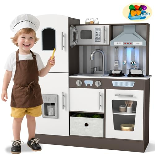 JOYDIAS Kinderküche Holz, Spielküche Holzküche für Kinder, Puppenküche mit Klang und Licht, Ofen, Eismaschine, Blackboard & Spielzeug Aufbewahrungsbox, Küchen-Spielzeugsets für Kinder ab 3 Jahren
