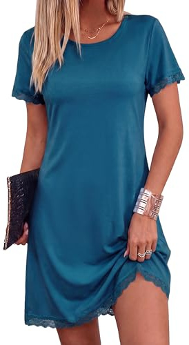 Litherday Camisón Mujer Verano Manga Corta con Encaje Azul Eléctrico XL
