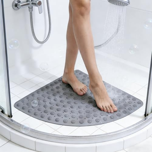 Duschmatte rutschfest Dreieckig 65x65 cm, PVC Antirutschmatte Dusche mit Saugnäpfen & Ablauflöchern, Viertelkreis Groß Duscheinlage rutschfest, Maschinenwaschbar für Duschvorleger Eckdusche, Grau