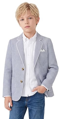 LOLANTA Blazer en Seersucker Respirant pour Enfants, Veste de Costume rayée élégante pour garçons, pour Occasions décontractées d’été, 5-13 Ans