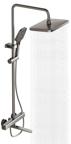 Thermostatic Shower Mixer Set with Adjustable Shower Riser Rail Kit (85–145 cm), Bathroom Shower System with Adjustable Square Rainfall Shower Head, Handheld Shower and 180° Swivel Spout
