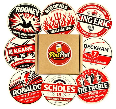 Man United Themed Beer Mats – Pack of 8 Pub Style 95mm Football Coasters – Manchester United Fan Gift for Man Cave, Home Bar & Games Room – Novelty Pub Football Coaster Set