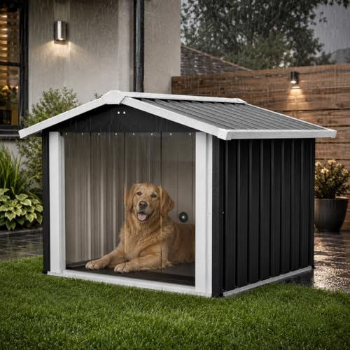 Outdoor Hundehütte wetterfest, Metall Hundehaus für Garten & Terrasse, wasserdichtes Hundehaus mit stabilem Boden, Belüftung & Schrägdach, Haustierhaus für kleine bis mittelgroße Hunde