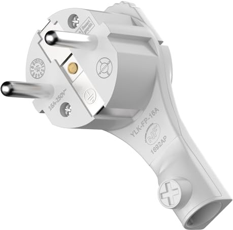 RedStar24 Schuko - Conector en ángulo, extraplano, 250 V, 16 A, CEE 7/7, con mango plegable y protección contra torceduras para cables de hasta 3 x 1,5 mm², color blanco