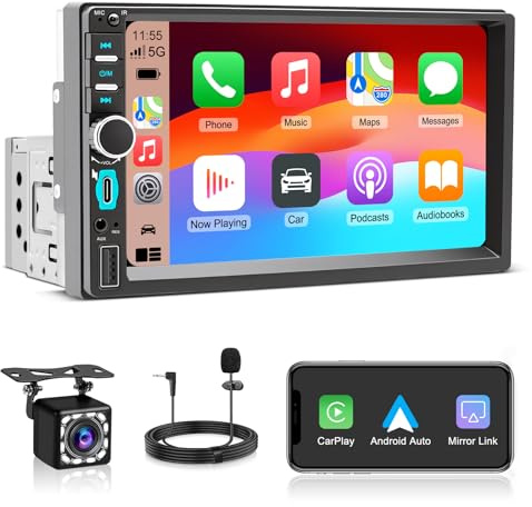 7 Inch Single Din Car Stereo, Wireless Apple CarPlay & Android Auto Touch Screen Radio, Car Radio with Bluetooth, Mirror Link, FM, EQ, SWC, Type-C, USB, Mic, Reverse Camera, Voice Control