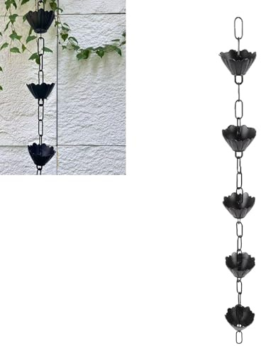 Brrnoo Cadena de Lluvia de Aleación de Aluminio, 12 Tazas, Recogedor de Lluvia en Forma de Flor con Longitud Ajustable y Gancho para Jardín Al Aire Libre, Canalón, Bajante de Agua de