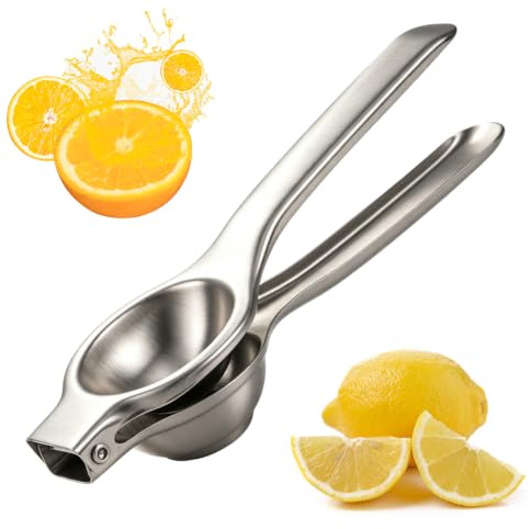 NQEUEPN Lemon Squeezer, Stainless Steel Manual Citrus Juicer | Heavy Duty Hand Press Lemon Lime Squeezer with Grooved Bowl High Yield Juice Extractor for Kitchen Bar & Home Use