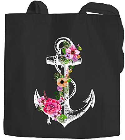 Autiga Jutebeutel Blumen Anker Flower Anchor Schultertasche Tragetasche Shopping-Bag Einkaufstasche schwarz 2 lange Henkel
