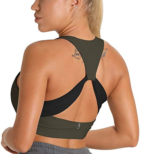 icyzone Damen Sport-BH Ohne Bügel Fitness Bustier Gym Yoga BH mit Abnehmbare Gepolstert (M, Army)