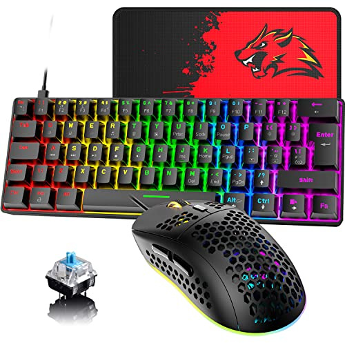 60 % UK-Layout Kabelgebundene Gaming-Tastatur und -Maus 62Keys kompakte mechanische Tastatur, 19 Regenbogen-Beleuchtungseffekt +6 RGB-Beleuchtungseffekt Maus mit 6400 DPI (schwarz/blauer Schalter)