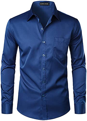 Parklees Herrenhemd, urban, modisch, lässig, Business, schmale Passform, Langarm, Knopfleiste. Oberhemd mit Tasche, marineblau, XL