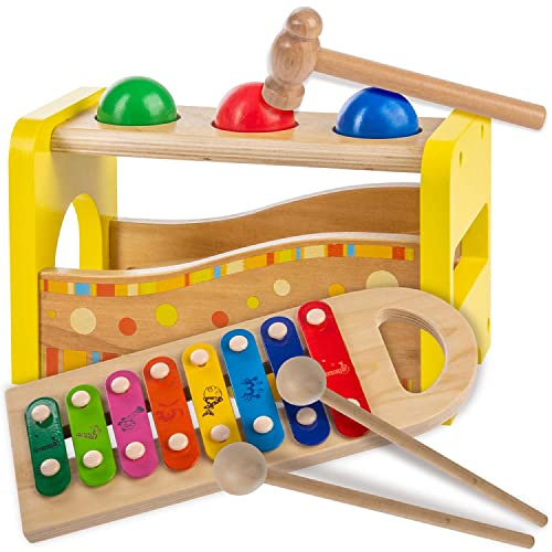 Xylophone en Bois pour Enfants - Xylophone Instrument de Musique Carillon Jeu de Sons ; Jouets en Bois Entraînement Moteur (Touche la Balle Xylophone)