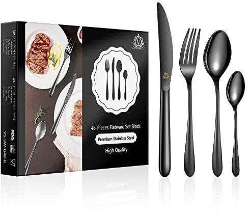 vancasso Cutlery Set, Food-Grade Stainless Steel Silverware Cutlery Set, Elegant Flatware Set Include Knives/Spoons/Forks, Silverware Set Ideal for Home/Party/Restaurant (Black, 48 Piece)