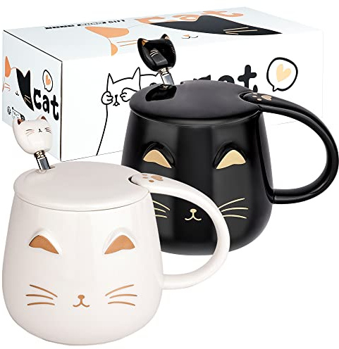 2er-Pack süße Katzenbecher,Katze-Kaffeetasse-Set mit Deckel und Löffel,Neuartiges Morgentee-Milchbecher-Set für Katzenliebhaber,Mädchen Frauen,Weihnachtsgeburtstagsgeschenk 380ML Weiß und Schwarz