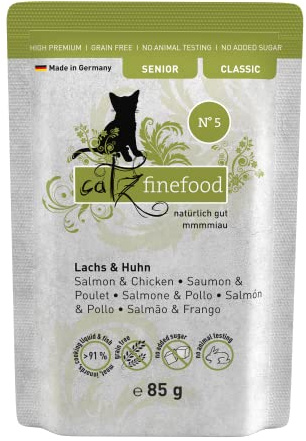 catz finefood Senior N° 05 Comida húmeda para Gatos salmón y Pollo, Comida húmeda Premium para su Gato Senior – sin Cereales, sin azúcar, Alto Porcentaje de Carne, vitaminas y minerales (16 Bolsas de