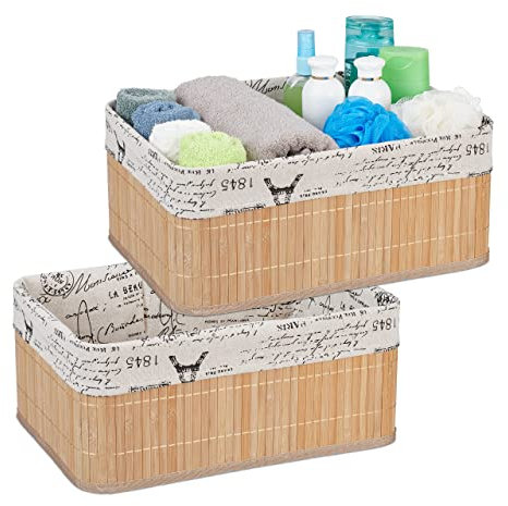 Relaxdays 2X Cestos Almacenamiento, Funda Tela Retro, Bambú, Rectangular, Cesta Estante Baño, 16,5x38x28,5cm, Natural