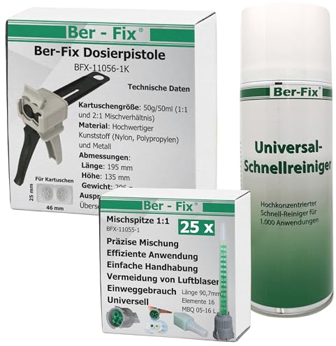 Ber-Fix Set pistola dosatrice + 25 punte + 400 ml detergente rapido per superfici da 50 ml, 50 g, doppia cartuccia 1:1 per 2 componenti, ad esempio: colla metallica, colla plastica
