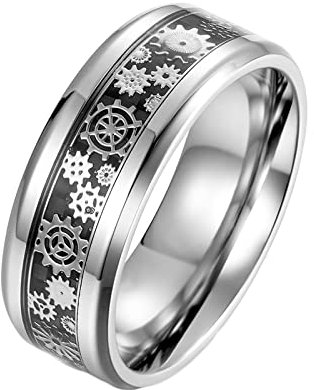 Epinki Verlobungsringe 8MM, Silber Bandring Mechanisches Getriebe Edelstahl Ringe Mann, Größe 60 (19.1)