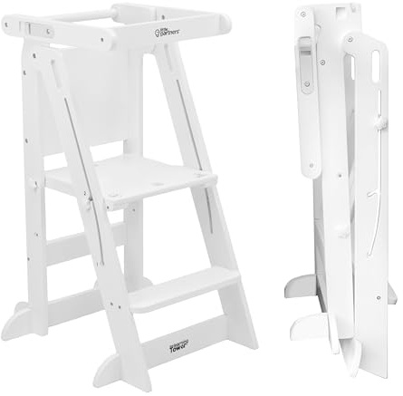 Little Partners Learn 'N Fold Learning Tower Foldable Toddler Platform Baby Kitchen Stool, Children's Folding Kitchen Stool Helper Adjustable Ladder for Kids Ages 2 to 6 (Soft White)