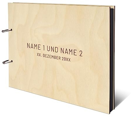 Personalisiertes Hochzeit Fotoalbum echtes Holz DIN A4 Hochzeitsbuch mit Lasergravur - Schlicht - mit 25 Blatt / 50 Seiten Fotokarton Schwarz