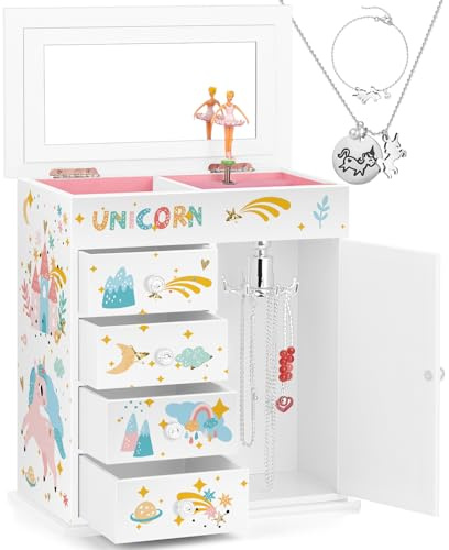 efubaby Schmuckkästchen für Mädchen, 5-lagig, mit Schwingtür, drehender Ballerina, Einhorn und Schloss, Einhorn-Schmuck-Set, inklusive Spieluhr für kleine Mädchen, Geburtstags- und Weihnachtsgeschenk