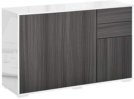 HOMCOM Standschrank Aufbewahrungsschrank Mehrzweckschrank Aktenschrank Kommode 2 Schublade 3 Türen E1 Spanplatte Hochglanz Weiß+Hellgrau 117 x 36 x 74 cm