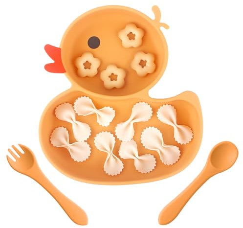 nohlerlife Assiette Bébé et Cuillère Fourchette Silicone Avec 2 Compartiment, Assiette Enfant Bol à Ventouse pour Bébé, Adapté au Lave-vaisselle et au Four à micro-ondes (Orange)