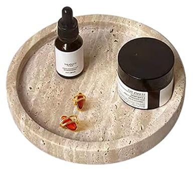 Plateau en Travertin Véritable pour Bijoux, Bagues - Rond de 15 cm - Décoratif en Marbre - Pour Parfum, Bougies, Petites Choses (Beige)