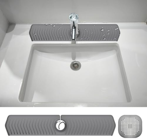 1 Piece Kitchen Sink Splash Mat Silicone Faucet Handle Drip Catcher Tray Sink Splash Guard Behind Faucet Protector Mat for Kitchen (Grey)