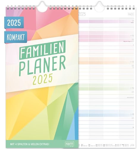Häfft® Familienplaner 2025 Kompakt mit 4 Spalten Rainbow 16,5 x 32,5 cm - Wandkalender Familienkalender für 12 Monate Jan bis Dez 25 - nachhaltig & klimafreundlich