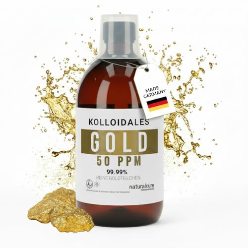 Naturalcure | Or colloïdal 50 ppm (500 ml) | 99,99 % d'or fin dans l'eau stérile | Frais tous les jours | Bouteille en verre ambré | Sans sel et sans additifs