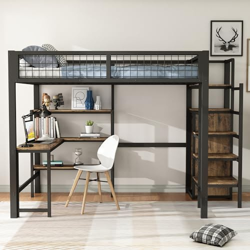 Idemon Hochbett, Eisenbett, Untertisch, mehrere Einlegeböden, Einbauschrank, schwarz (140 * 200cm)